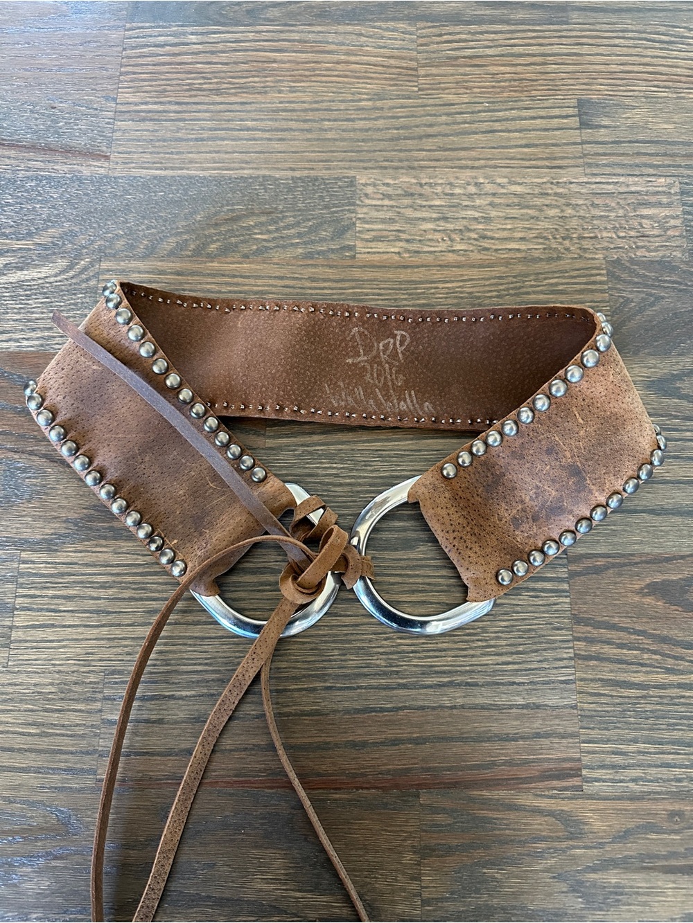Brown Studded Leather Waist Belt with Silver Rings